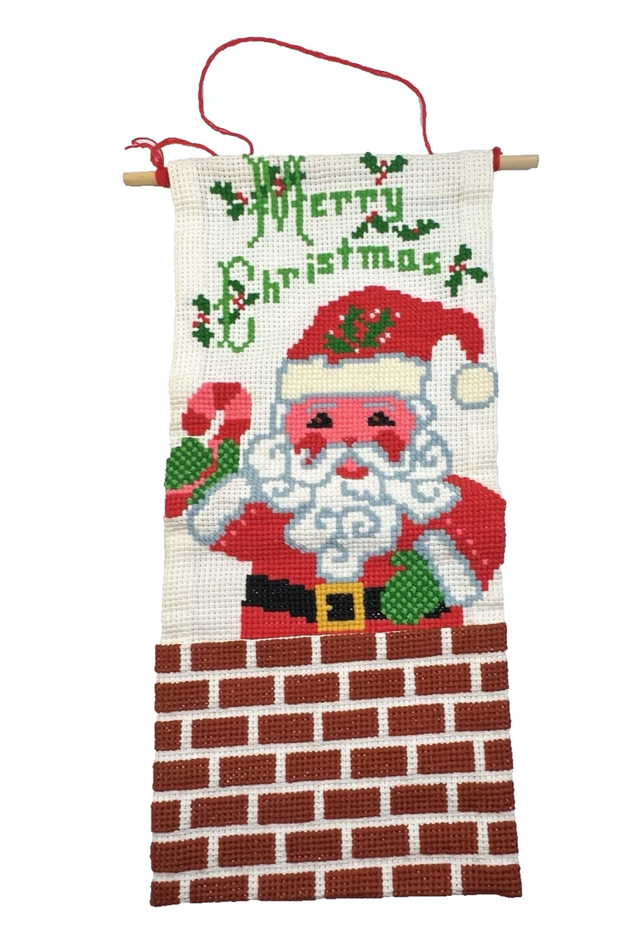Vintage Handmade Santa Christmas Card Holder Cross Stitch Wall Hanging Decor